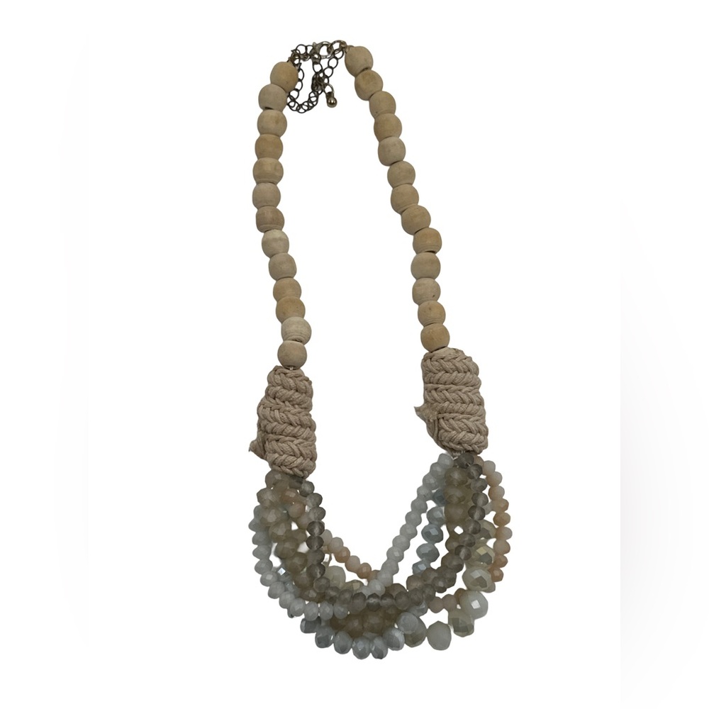 Boho Neutral Beaded Statement Necklace Wood Rope Crystal Strand